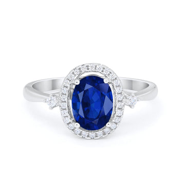 Art Deco Engagement Ring Halo Oval Simulated Blue Sapphire CZ 925 Sterling Silver